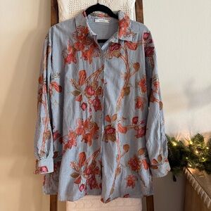 Maliparmi Blue & White Vertical Striped Floral Embroidered Button Down Shirt